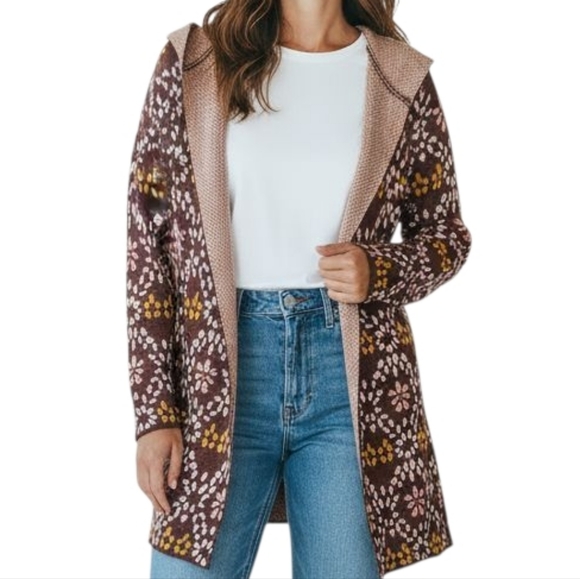 Kempson Cozy Cabin Floral Fair Isle Hooded Cardigan Large